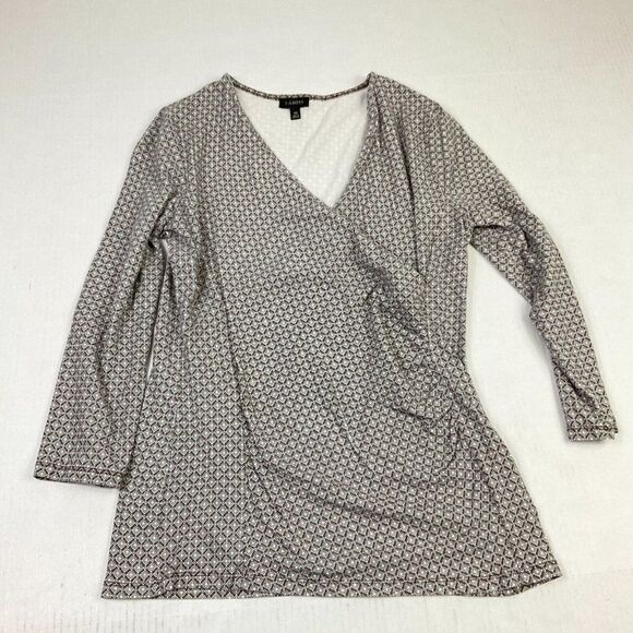 Talbots Womens Faux Wrap Blouse Diamond Print Top 3/4 Sleeve Stretch Shirt XS - Picture 1 of 12